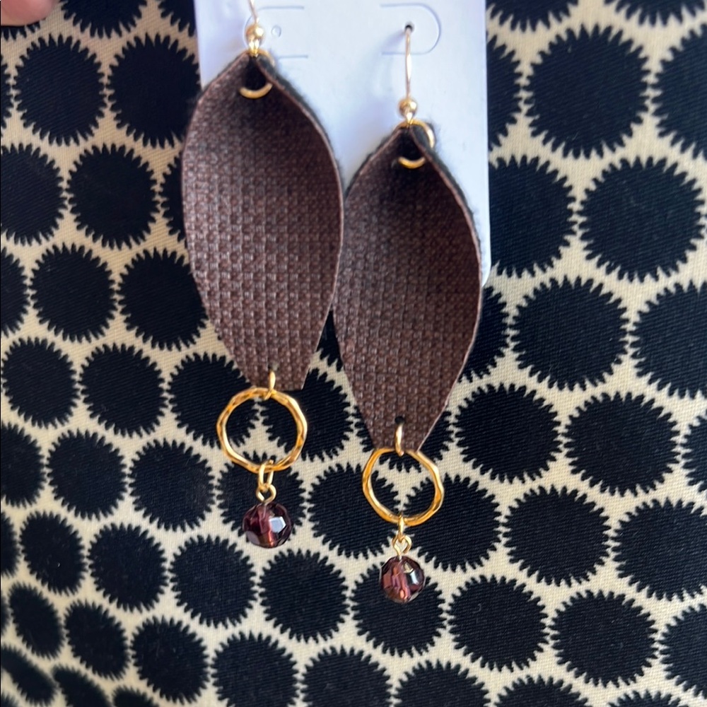 New Vegan Leather Hand Crafted Brown and Gold Geometric Earrings. Leaf Design.